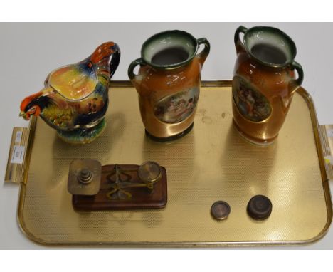 TRAY CONTAINING NOVELTY LIDDED TEAPOT, POSTAL SCALES, WEIGHTS, PAIR OF DECORATIVE VASES ETC     