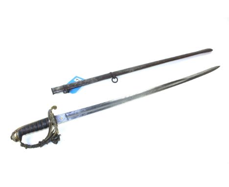 A British model 1822 Officers sword by Wilkinson London. Blade with family crest and steel scabbard, also included an AF belt