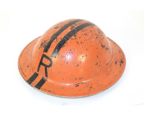 WWII era Home Front Orange Leading Rescue Officer steel helmet 