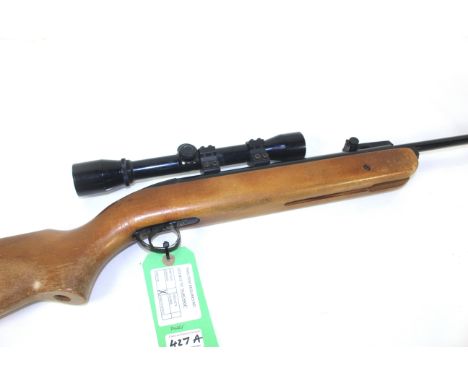 A B.S.A. Mercury .22 Cal. air rifle with a Webley 4 x 32 scope. Ser.No.ZB-35810 circa 1976-1979 (NB rifle loose in stock)
As 