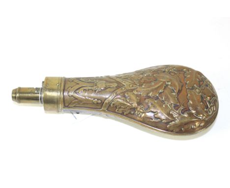 An oak leaf pattern brass powder flask, action AF