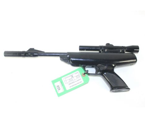 A B.S.A. Scorpion .22 Cal air pistol with a B.S.A. 1.5 x 15 pistol scope and original loading aid.
As a post 1939 air weapon 