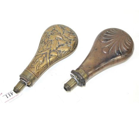 An oak leaf and stag powder flask marked Hawksley with another AF example 