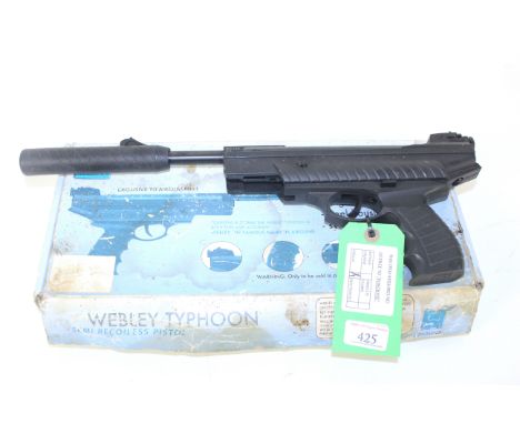 A Webley Typhoon semi-recoilless air pistol in .22 Cal. In overall very good condition with it's irigional AF box.
As a post 