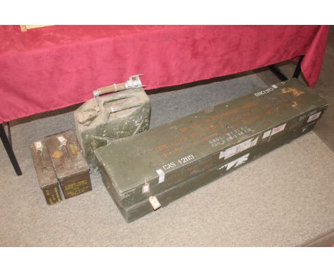 Two military wooden crates with two ammunition cans and a post war Jerry can