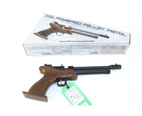 An Air Force One "Trophy Vermin -MS Co2 air pistol Ser. NO.001785 in .22 Cal. and having wooden stock with original; box of p