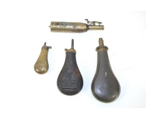 Three powder flasks, (one marked Sykes Patent) with a bespoke brass shot flask