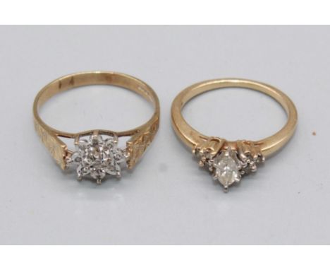 9ct yellow gold diamond flower cluster ring on textured mount, stamped 375, size R, a 10ct yellow gold ring set with marquise