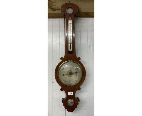 A. Vannini 25 Spring St., Sheffield mahogany wheel barometer, silvered engraved 8" dial with dry-damp indicator, thermometer 