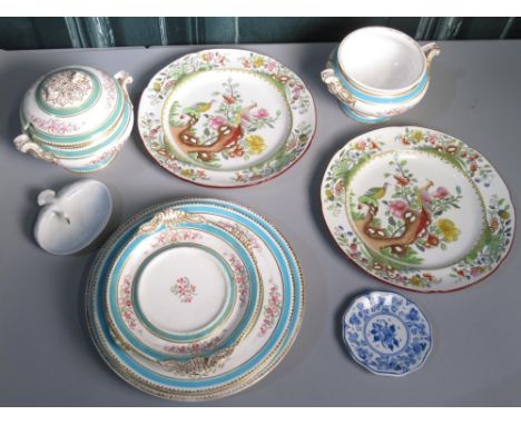 Pair of Copeland Spode circular plates, printed and enamelled with exotic birds on branches, a Victorian part dinner service 
