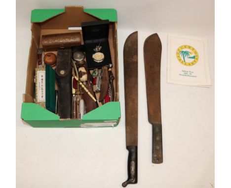 WWII U.S. True Temper machete, blade stamped and dated 1943, L58cm; C20th butcher's knife, L51cm and other pocket knives incl