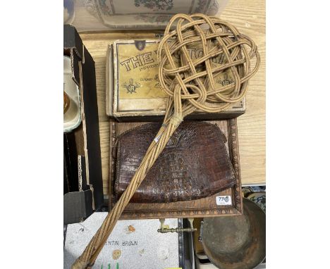 Early C20th postman's alarm wall clock, 11" painted dial; Japanese black lacquered papier mache jewellery box; two wicker car