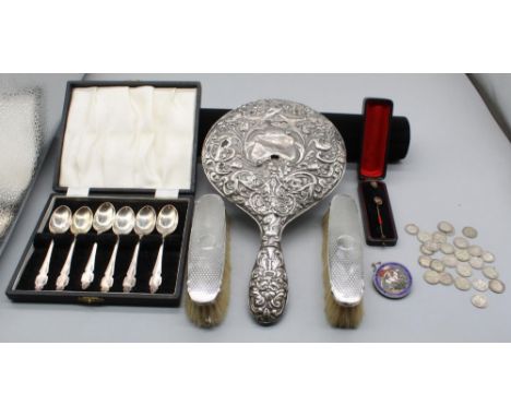 Cased set of six teaspoons by Cooper brothers &amp; sons Ltd, Sheffield, 1959, Pair of silver brushes by William Neale, Birmi