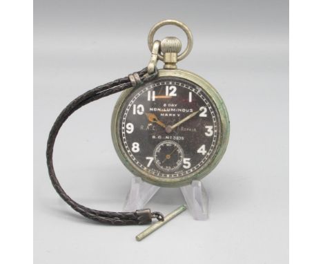 Octavia WW1 Air Ministry Mark V non luminous nickel 8 day keyless pilot's pocket watch, black enamel Arabic dial, subsidiary 