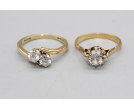 18ct yellow gold solitaire ring with white stone, size L, 2.3g, 14ct, yellow gold ring with two white stones, size M, 2.5g 