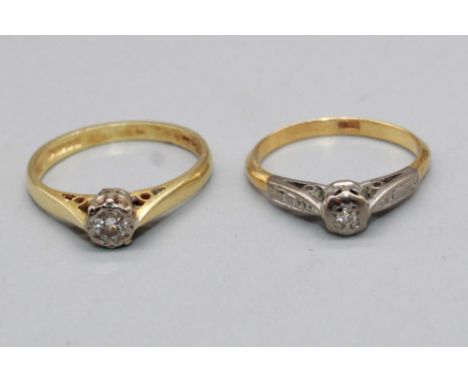 18ct yellow gold solitaire diamond ring, stamped 750, size L1/2, and another similar 18ct ring, stamped 18, size I, 4.6g 