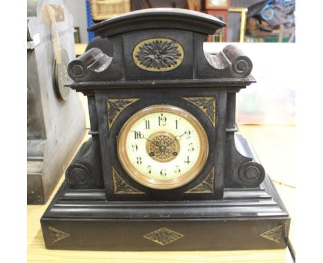 C19th French slate mantel clock, 5 1/4" porcelain Arabic dial, unsigned two train rack striking movement on a scroll gong no.