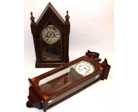 Comitti of London, inlaid mahogany Vienna style wall clock, moulded swan neck pediment over full length glazed door enclosing