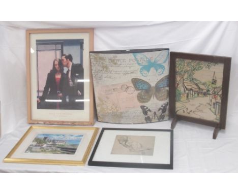 Mixed collection of pictures prints and a needlework firescreen, to inc. a Jack Vettriano Portland Gallery print, Colin Prior