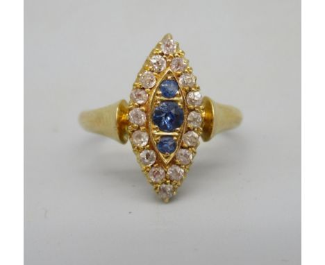 18ct yellow gold sapphire and diamond  ring, the sapphires surrounded by a halo of diamonds, stamped 18, size N, 4.2g 