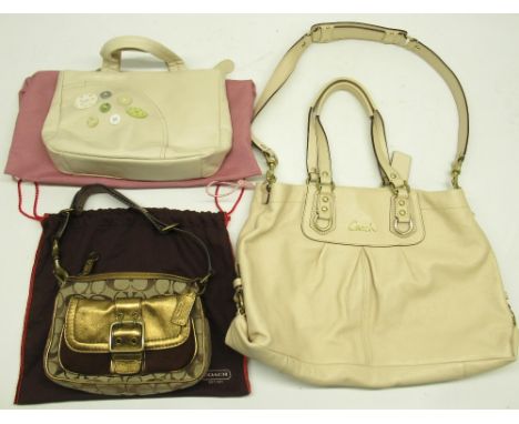 Coach special edition signature gold metallic leather handbag, Coach Ashley cream leather handbag and a Radley cream leather 