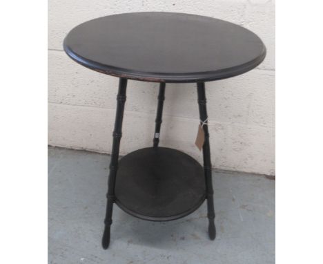 Edwardian black painted circular topped occasional table on bamboo effect tripod supports, circular stretcher/undertier, H64c