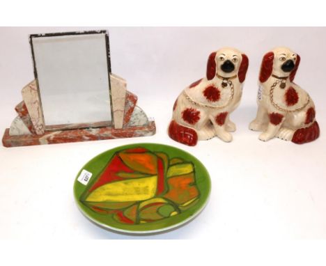 Art Deco pink marble picture frame, W38cm; pair of Staffordshire style wally dogs, H22cm; and a Poole Pottery green Delphis p