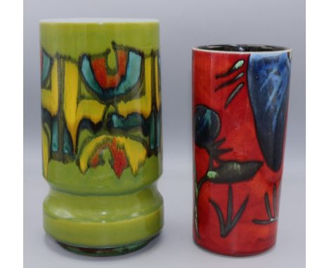 Poole Pottery vases: Delphis design vase, decorated in green, yellow and blue, and a Himalayan Poppy design cylindrical vase 