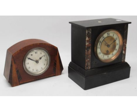C19th French slate and marble timepiece, 3 3/4" dial, recessed matted brass centre, porcelain Arabic chapter ring, unsigned m