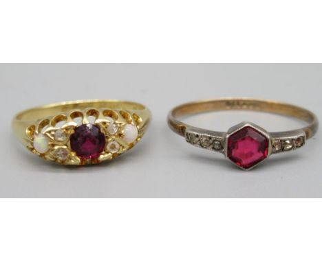 18ct yellow gold ring set with red stone and opals, stamped 18ct, size M, 2.7g, 9ct gold and silver ring set with ruby and di