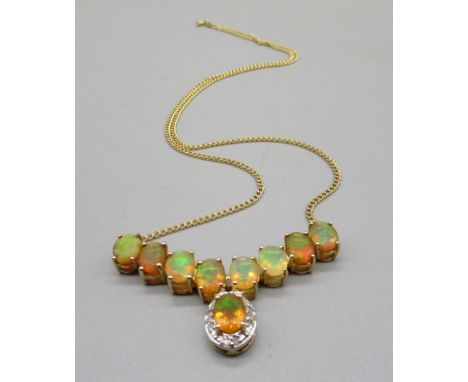 9ct yellow gold necklace set with Ethiopian opal and diamond, stamped 9k, 8.3g, L50cm, limited edition 1/48, with certificate