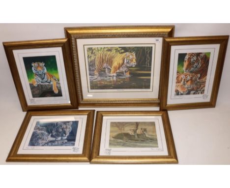 After Stephen Gayford;  'Wading Tiger', signed limited edition print 144/1275, W35.5cm x H27cm, and a set of four smaller pri