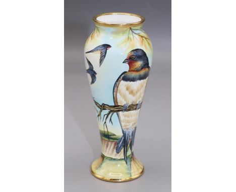 Moorcroft Pottery: miniature enamel decorated vase, painted decoration of swallows above fields, H10.5cm 