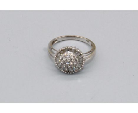 18ct white gold diamond dome cluster ring, stamped 750, size J1/2, 2.7g 