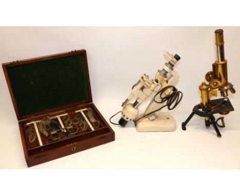 J. Swift &amp; Son lacquered brass monocular microscope with rotating three lens objective section H40cm; Eyco cream painted 