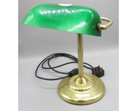 Brass Banker's style desk lamp with green glass shade, H35cm 