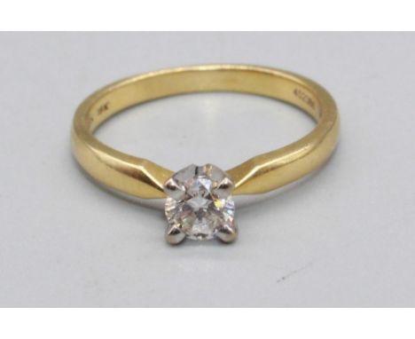 18ct yellow gold solitaire ring, the brilliant cut diamond in claw setting, approx. weight 0.35ct, stamped 18ct, size K1/2, 2