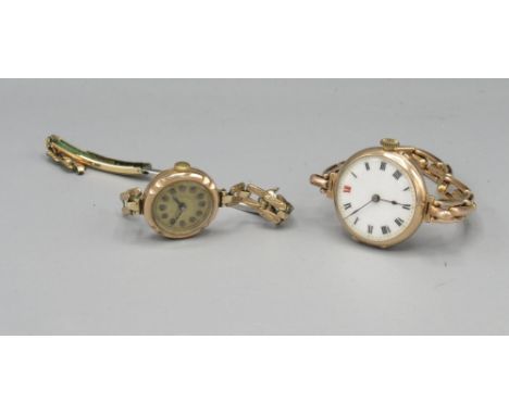 Ladies Dreadnought gold pin set wristwatch on Britannic rolled gold expanding bracelet, white enamel Roman dial, hinged case 