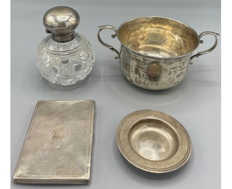 Victorian silver porringer with two scroll handles by William Hutton &amp; Sons Ltd, London, 1886; a Victorian silver cigaret