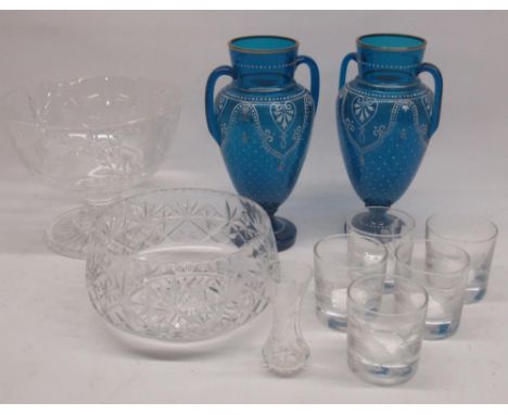 Pair of blue glass vases decorated with white enamel swags and leafage, H27cm, a glass punch bowl etched with flowers, and fi