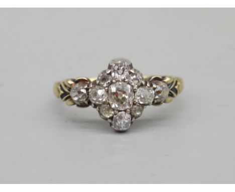 Victorian yellow metal old cut diamond cluster ring, with enamel detail to shoulders, O1/2, 3.3g 
