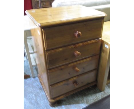 Pine top white finish side cabinet with three drawers above a shelf, and a pine chest of three drawers, W87cm D34cm H94cm max