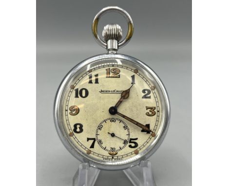 Jaeger LeCoultre chrome British Military Issue G.S.T.P. keyless pocket watch, signed cream Arabic dial, case back no. L.596, 