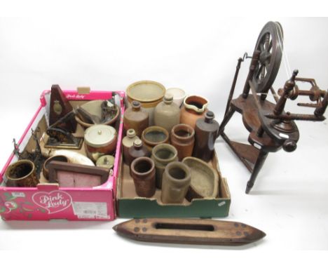 Various rustic collectables incl. Earthen wear pots, Wilson Peck &amp; Co London piano metronome, wooden spinning wheel, hand