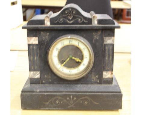 C19th French slate and marble mantel clock, 3 3/4" stepped brass dial with porcelain Arabic chapter ring, signed two train ra