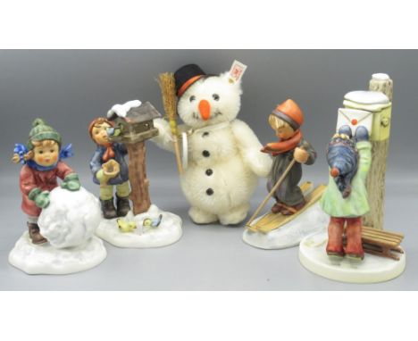 Hummel Goebel/Steiff, 'Frosty friends' mohair Steiff snowman produced collaboration with Geobel, and four snow themed Hummel 