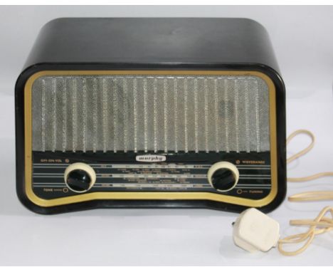 Murphy circa 1950s Bakelite radio. Original plastic grill with undamaged speaker cloth. Buttons and dials in good working ord