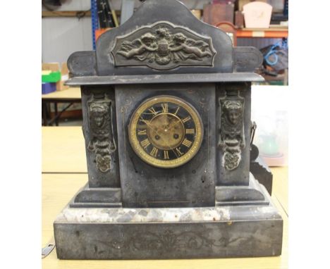 S. Marti et Cie C19th slate and marble mantle clock with cast Classical mounts, 4 1/2" stepped brass dial, Roman chapter ring