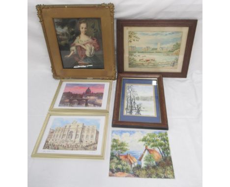 William Brett (c19th) watercolour of St. Mary's Church &amp; Vicarage Lincolnshire, gilt framed picture of a lady, unframed a