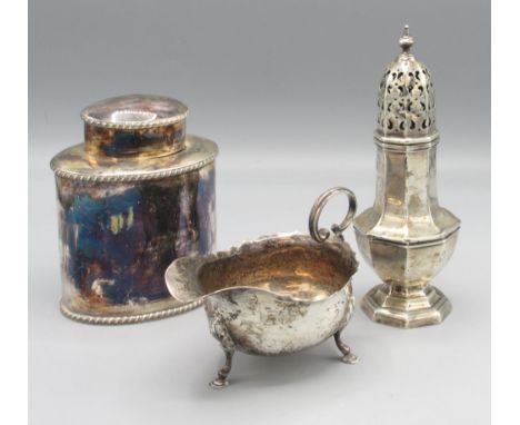 Edwardian silver tea caddy by Atkin Brothers, Sheffield, 1901, an Edwardian silver sauce boat on hoof feet, Chester, 1905, ma